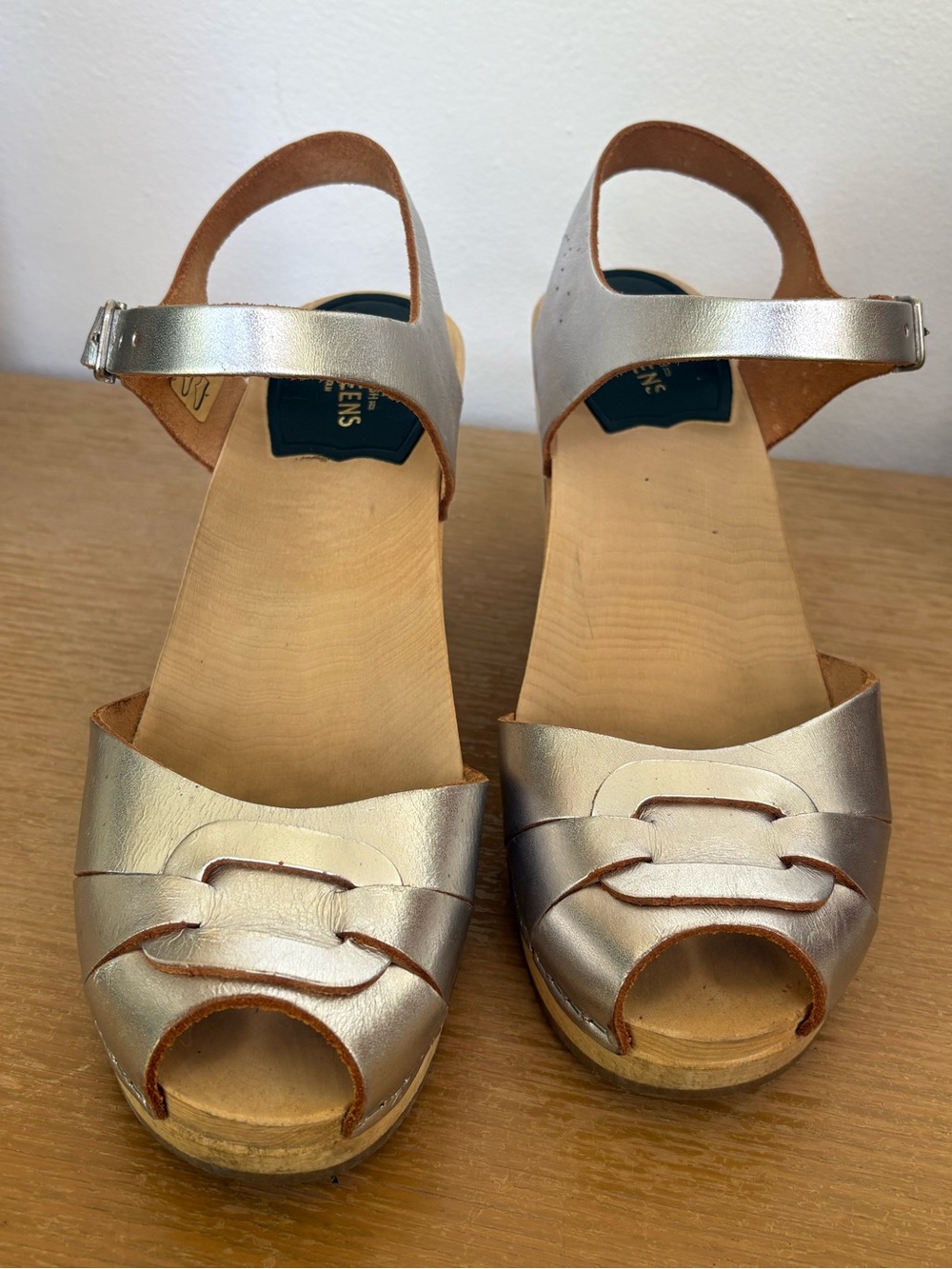 Swedish Hasbeen Wedge Clog Sandals in Metallic Silver - Women